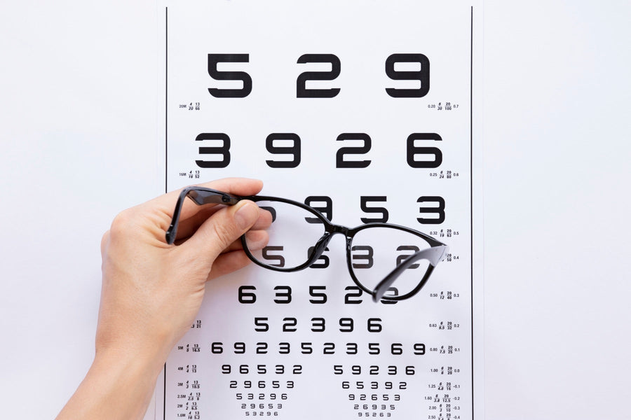 Gafas sobre una tabla de examen visual